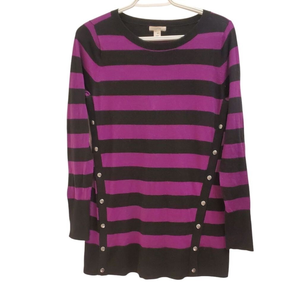 Caslon Striped Button Accent Tunic Top Long Sleeve Purple Black XS
